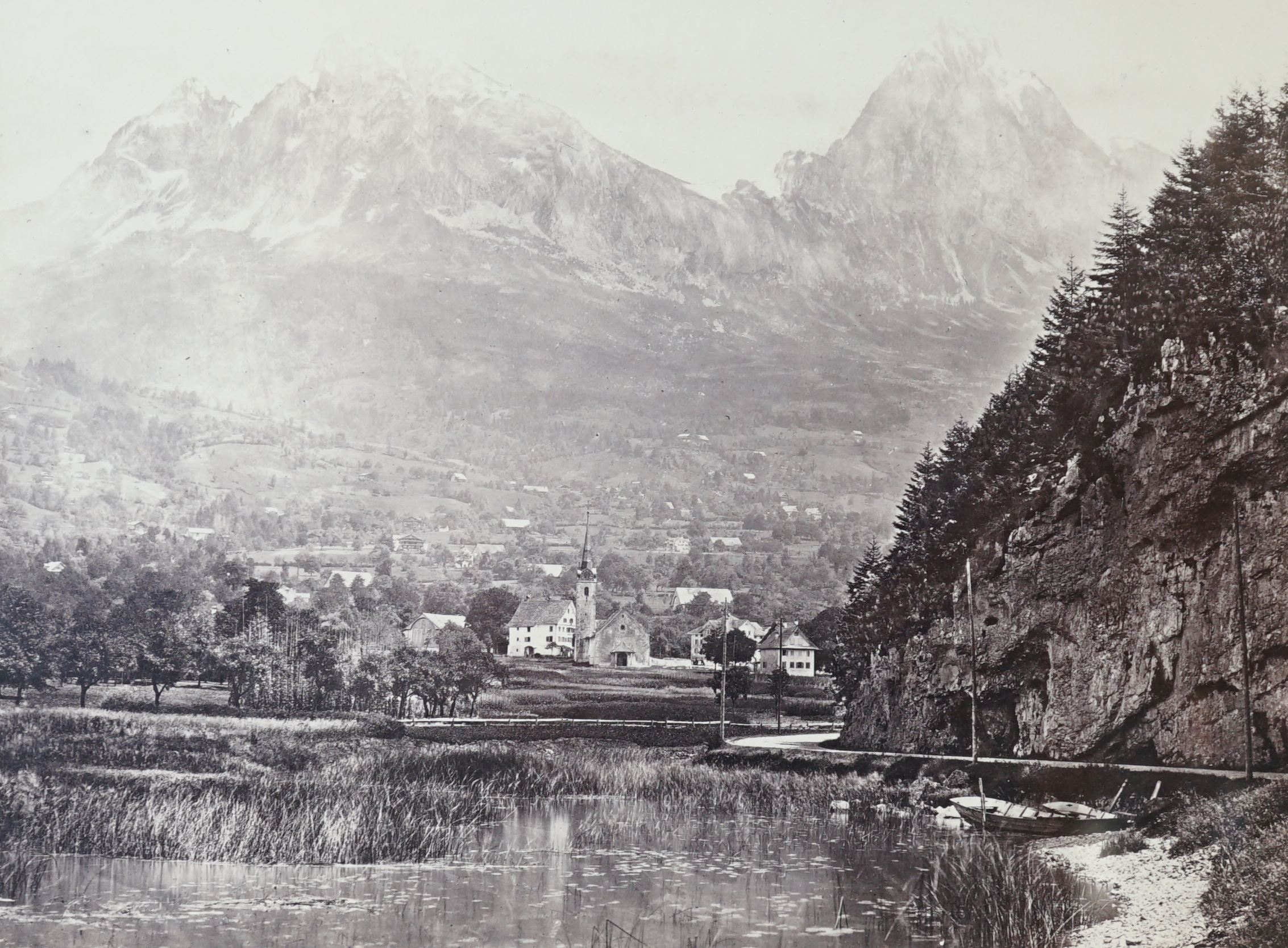 Frances Frith (1822-1898), nine black and white photographs, Lake Lowentz with the Mythen Peaks, 1867; Glaceier des Bois, Chamonix, 1867; The Jungfrau from the path to Murren, 1867; St. Moritz, Engadine, 1867, Castle of